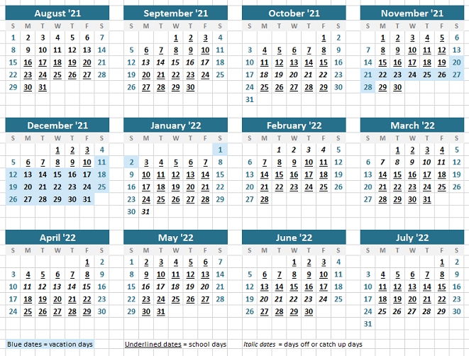 2021 Year Round Homeschool Calendar