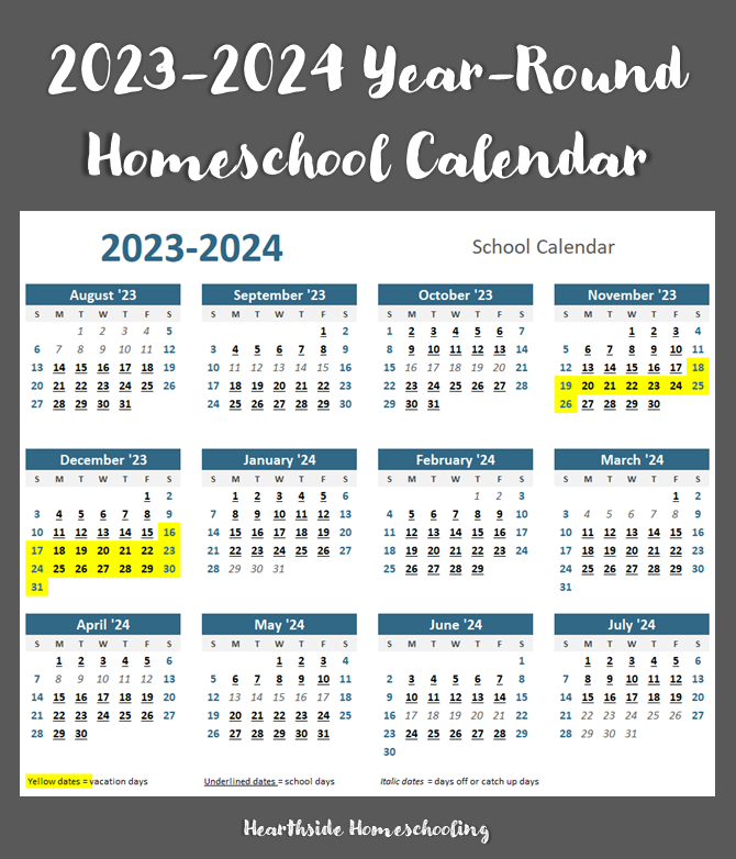 Are you wondering what a year-round homeschool calendar looks like? Here’s ours for the 2023-2024 school year.